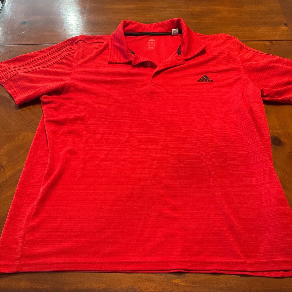 Adidas Polo Shirt Mens Large Red Good Climalite Short Sleeve 3-Stripe Textured